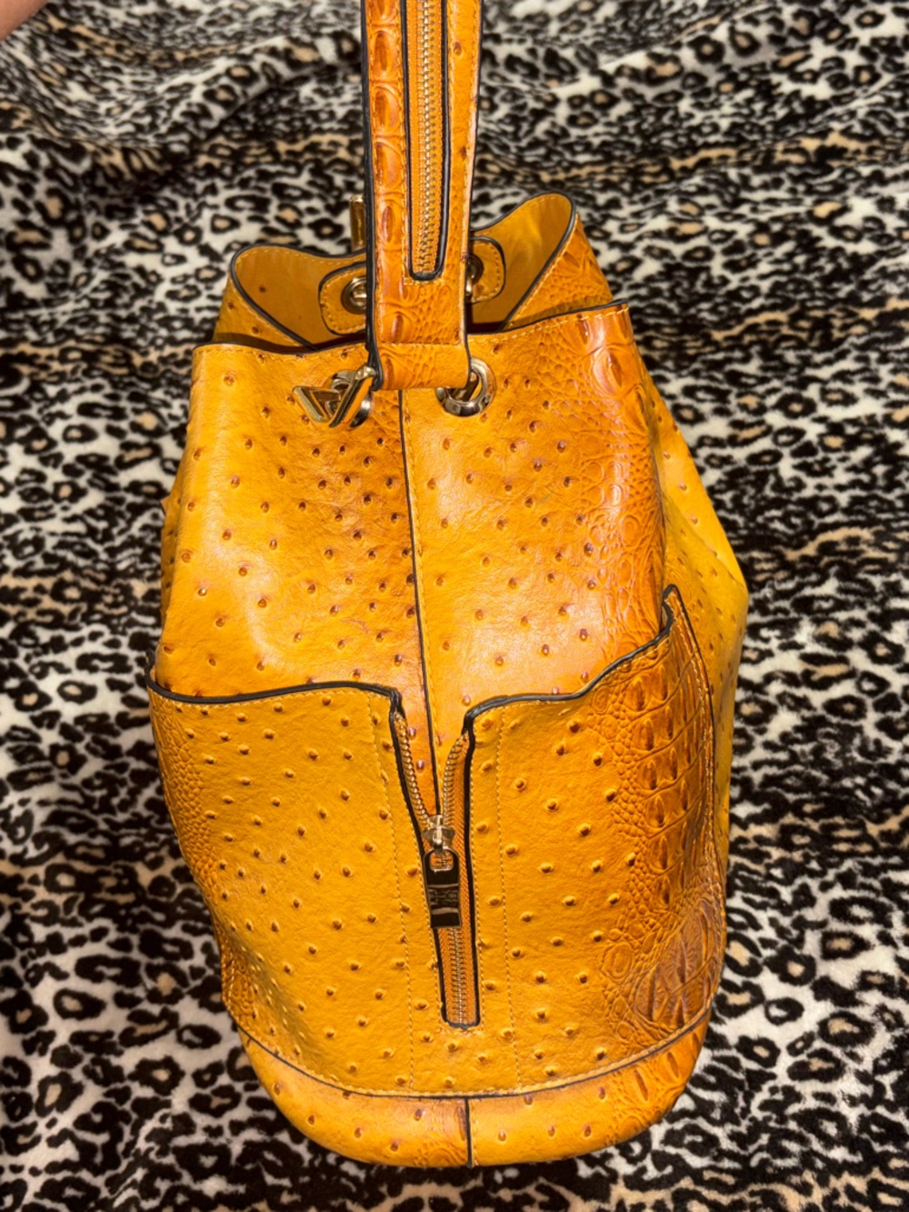 Women's Ostrich-Embossed Bucket Bag in Mustard Yellow - Picture 4 of 4